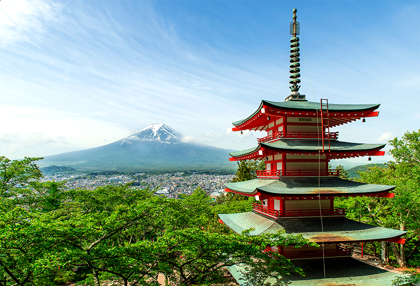 Picture of a Japanese pagoda with Mt. Fuji in the background