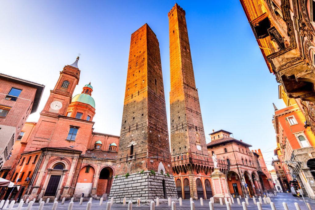 street view of famous structures in Bologna, Italy